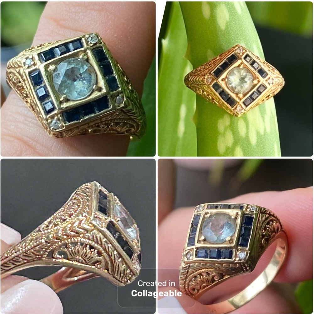 Aquamarine, Sapphire & Diamond Art Deco Ring 14k Yellow Gold Size 6